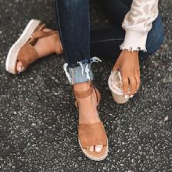 Vegan Leather Tan Ankle Buckle Espadrille Wedge - Picture 2 of 8